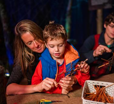 Boy and mum taking part in a weaving a web craft activity